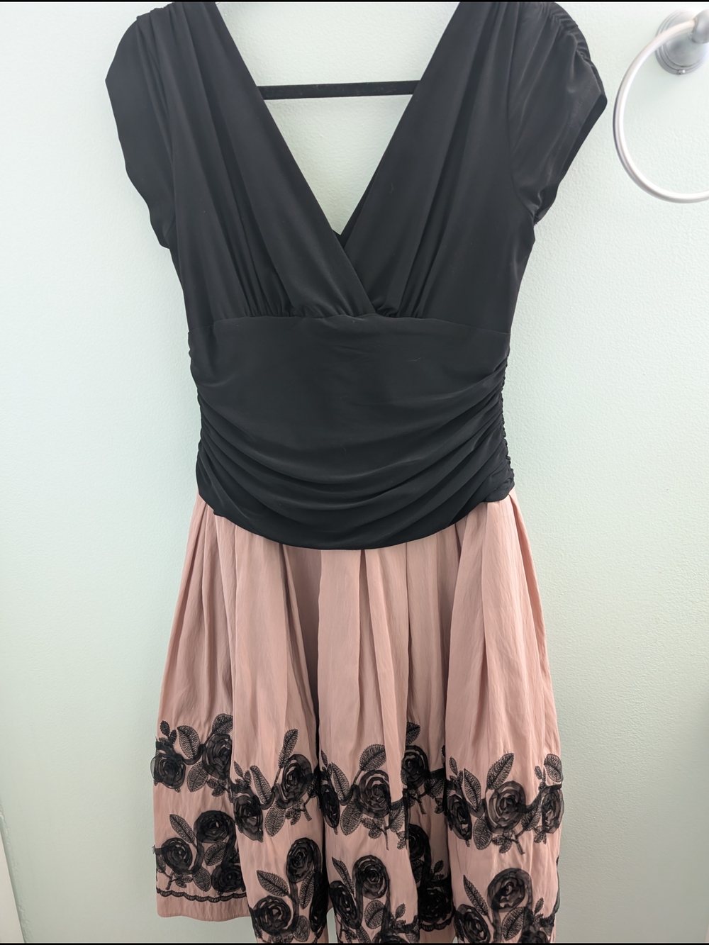 Black & Blush V-Neck Midi Dress with Floral Embroidery